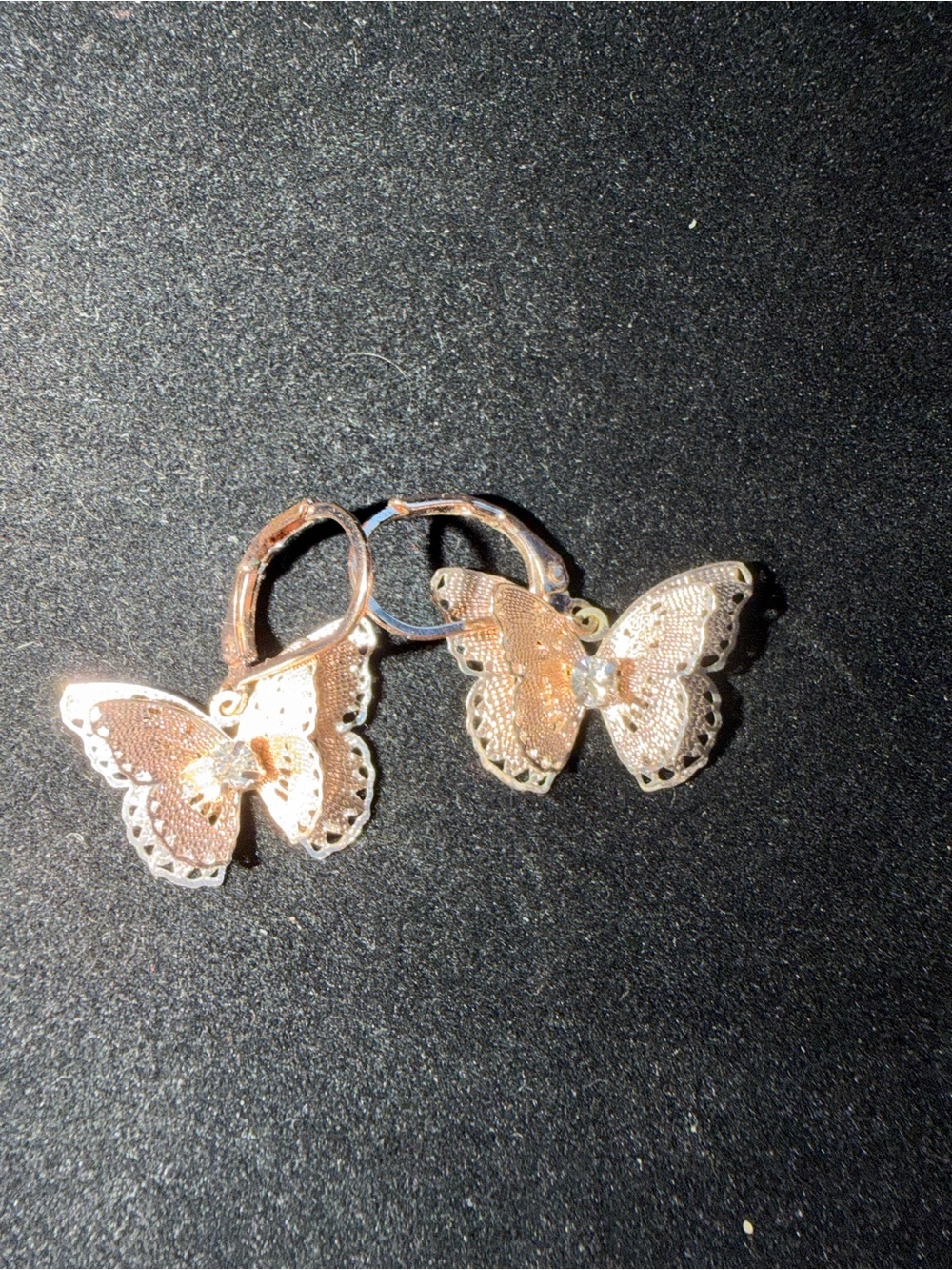 Rose Gold Butterfly Filigree Chrystal Drop Earrings Leverback